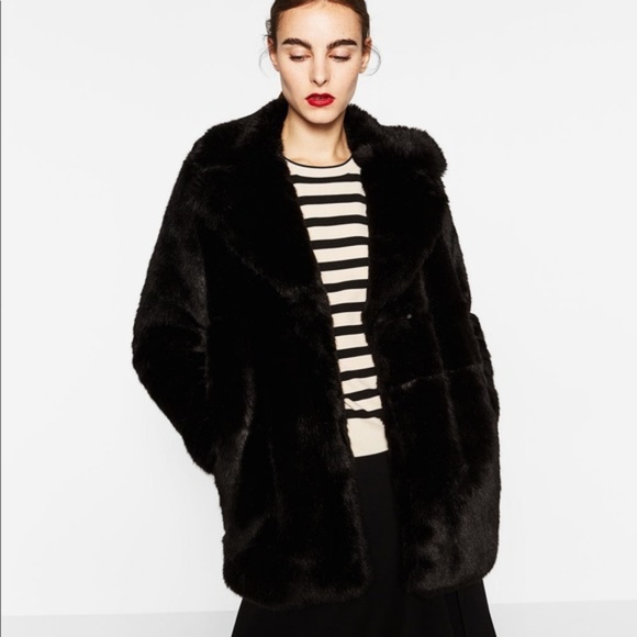 zara black fur coat with hood